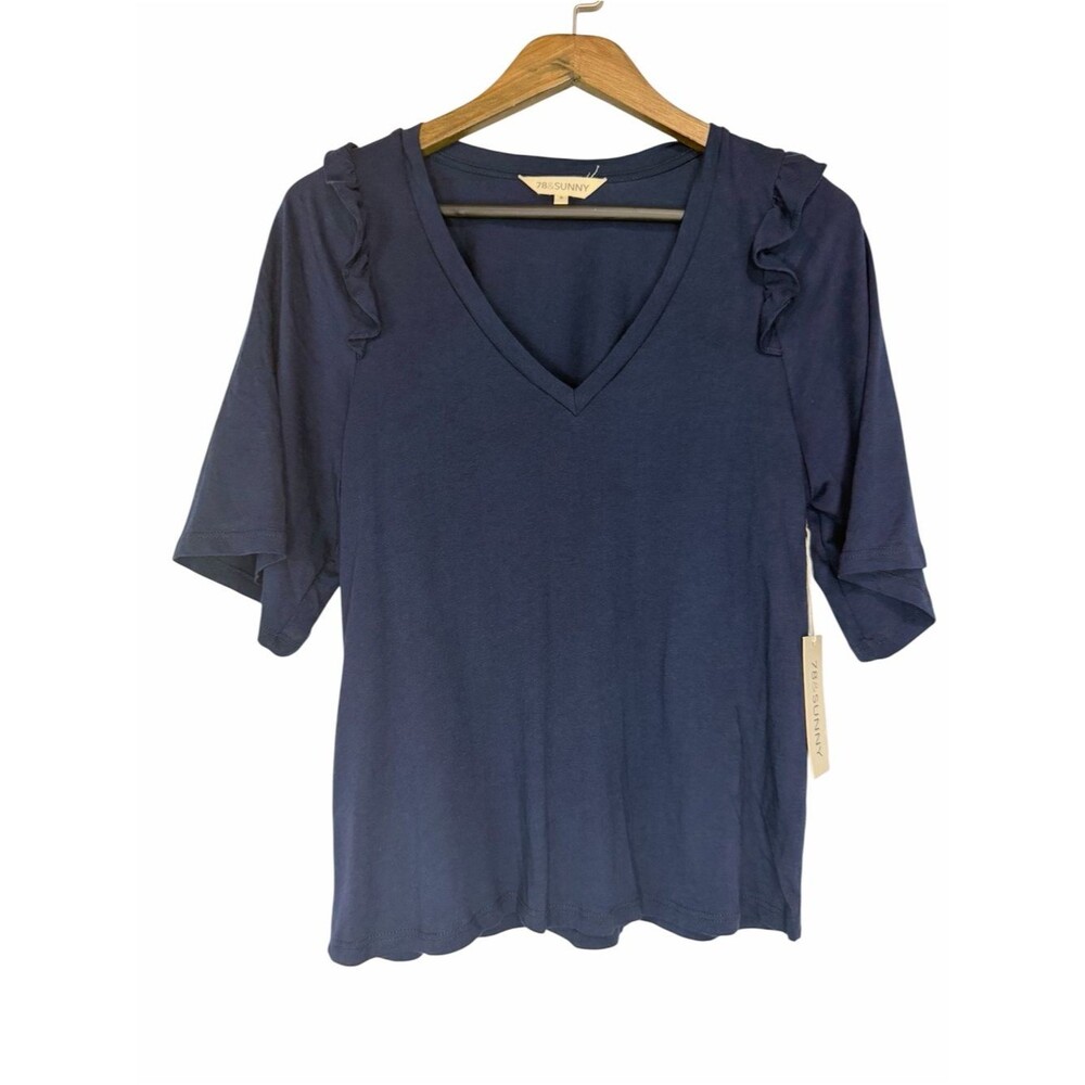NWT 78&Sunny Indio Short Sleeve Ruffle Tee size Small Navy Blue V-Neck Top